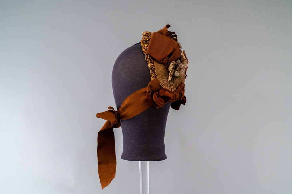 Photo of Small Natural Straw Shepherdess Hat Trimmed with Taffeta and Glass Grapes