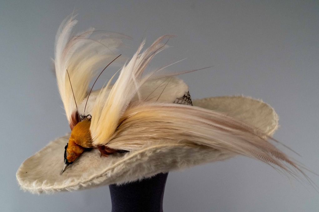 Photo of White Beaver Fur Hat trimmed with a Bird-of-Paradise