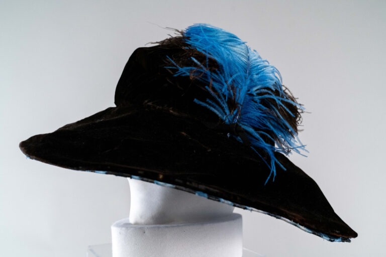 Photo of Black Velvet Mushroom Hat with Black Ostrich Plumes and Under Brim of Royal Blue Taffeta